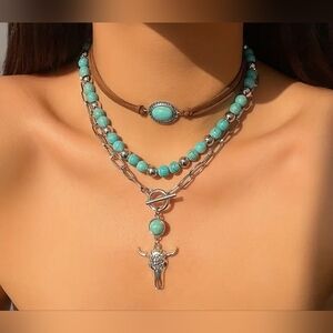 New! Turquoise and Silver Layered Necklace Set 3 Pieces NIP
